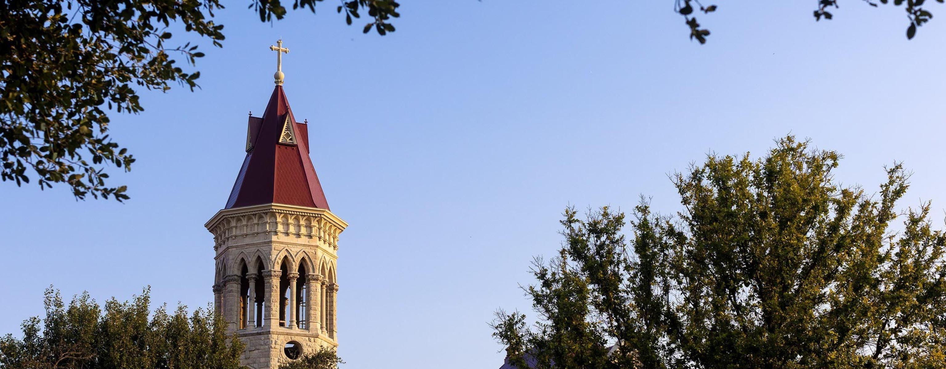 Twilight view of Main Building on the St. Edward's University campus