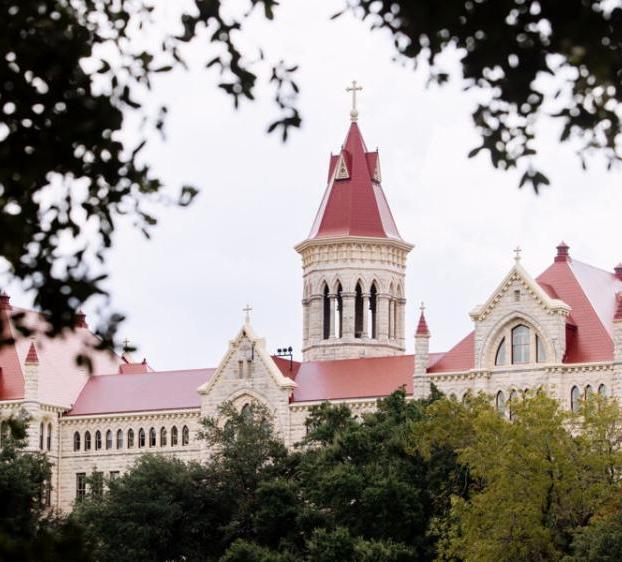 Main Building's roof and steeple are framed by tree branches and leaves in the foreground.