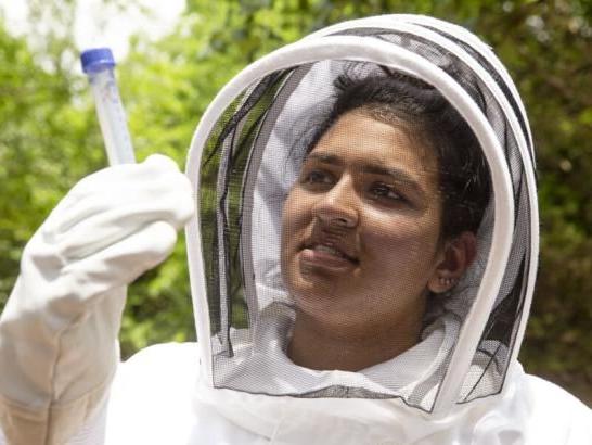 St. Edward's student Priyanka Ranchod wears a bee suit as she holds a plastic vial that contains a bee.